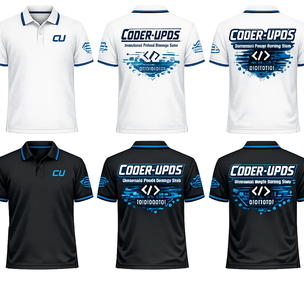 Create a premium collared polo shirt design for a university programming team called "Coder-Upds".

