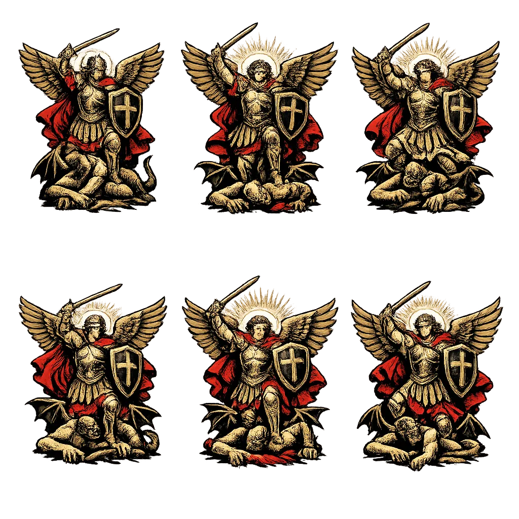 Powerful Saint Michael the Archangel defeating a demon, heroic pose with sword raised and shield, ma