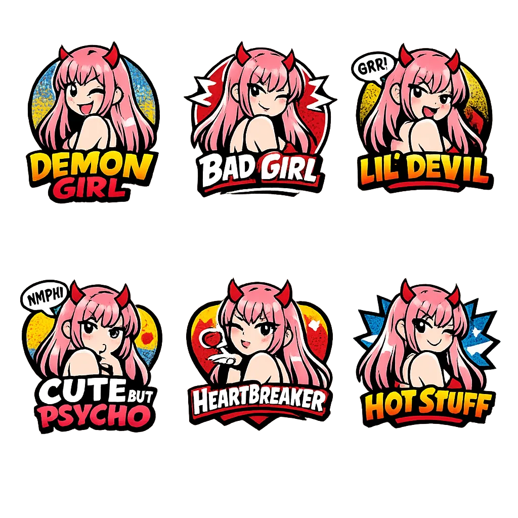 stylized anime demon girl with long pink hair and small red horns, looking back pose, seductive anim