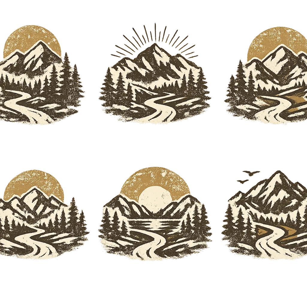 A minimalist vintage hoodie design featuring a scenic mountain landscape with pine trees, a winding 