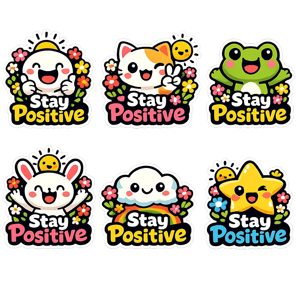 Sticker with text 'Stay Positive' surrounded by flowers and sunshine, cute and colorful design, vect