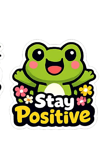 Sticker with text 'Stay Positive' surrounded by flowers and sunshine, cute and colorful design, vect