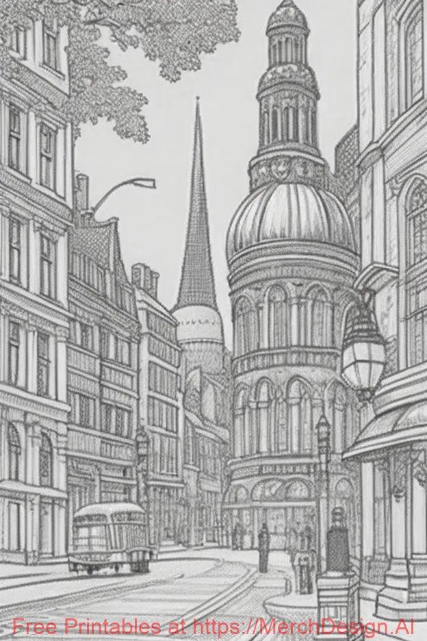 Create a line art illustration suitable for a coloring book page. The image should depict the detailed London scenery in a cartoonish style. Use a black outline with a white background, purposely excluding shading and color to promote creativity in the person coloring. The details should be intricate but not overpowering to ensure a fun and relaxing coloring experience. The composition should have enough whitespace to keep it balanced and easy on the eyes.