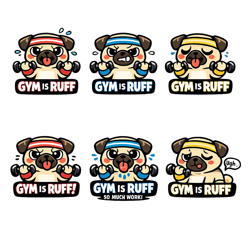 Funny pug dog saying 'gym is ruff', wearing sweatbands and lifting tiny dumbbells, cartoon style, co