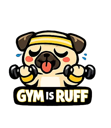 Funny pug dog saying 'gym is ruff', wearing sweatbands and lifting tiny dumbbells, cartoon style, co