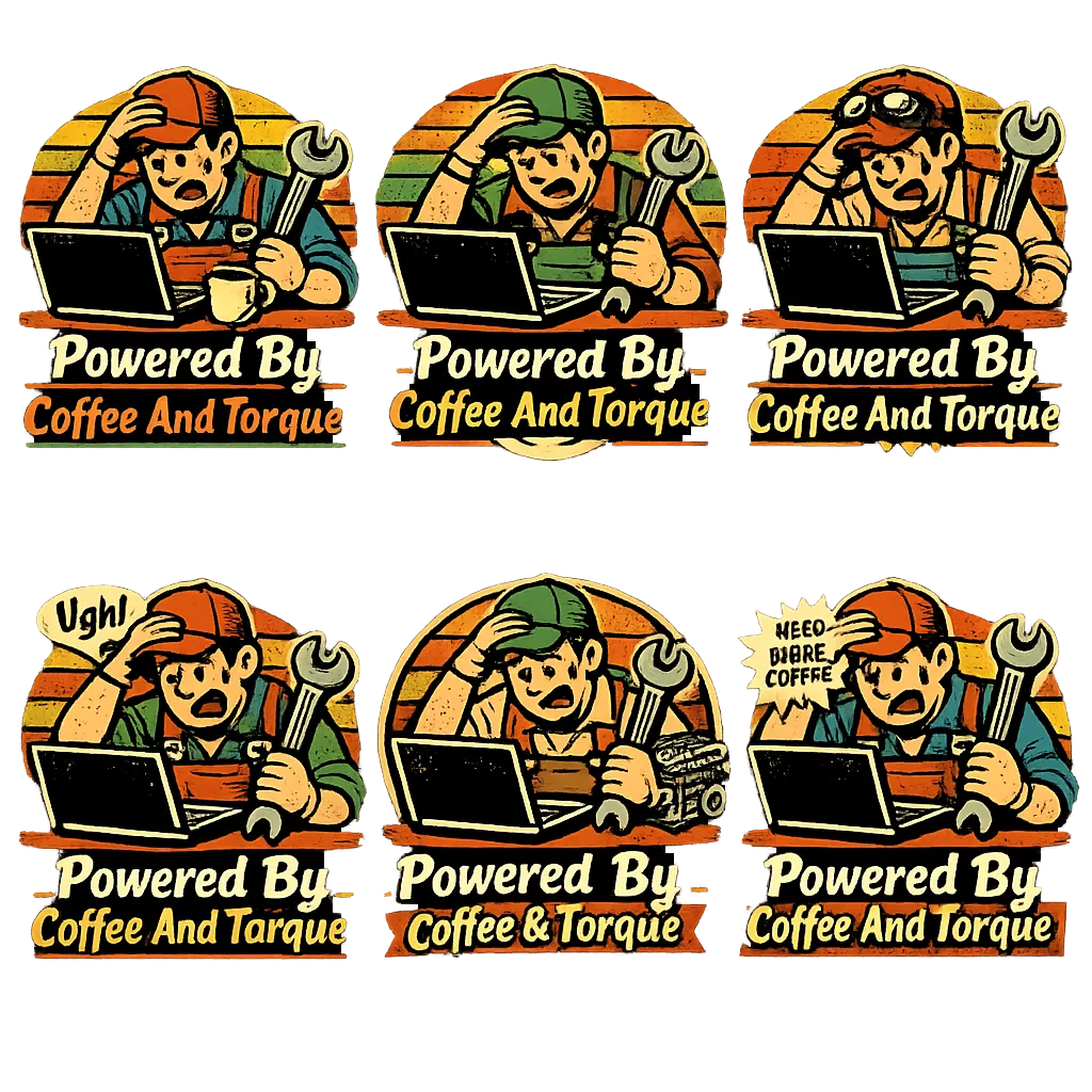 Vintage mechanic design, “Powered By Coffee And Torque”, large wrench illustration, retro sunset str