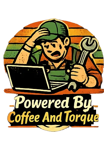 Vintage mechanic design, “Powered By Coffee And Torque”, large wrench illustration, retro sunset str
