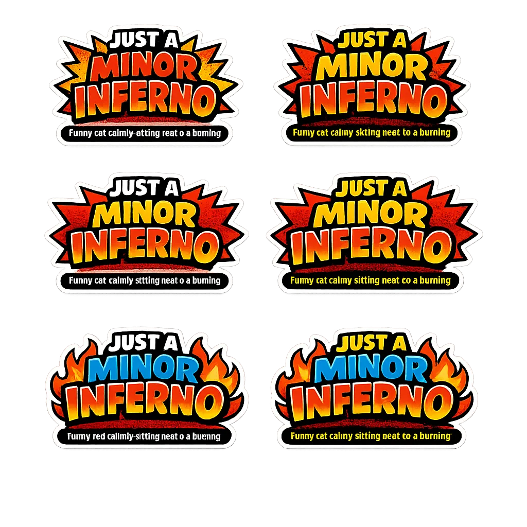 Funny cat calmly sitting next to a burning dumpster, bold typography "JUST A MINOR INFERNO", sarcast