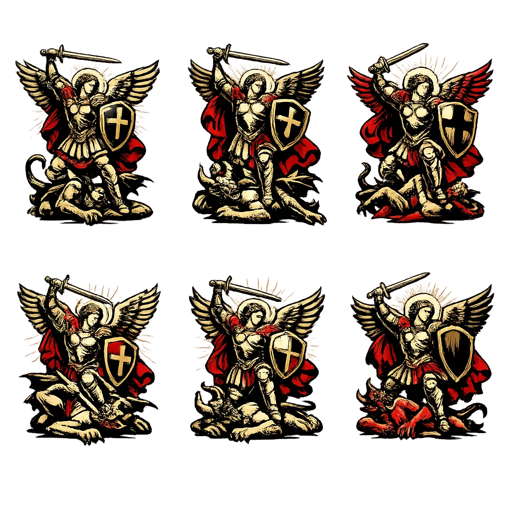 Powerful Saint Michael the Archangel defeating a demon, heroic pose with sword raised and shield, ma