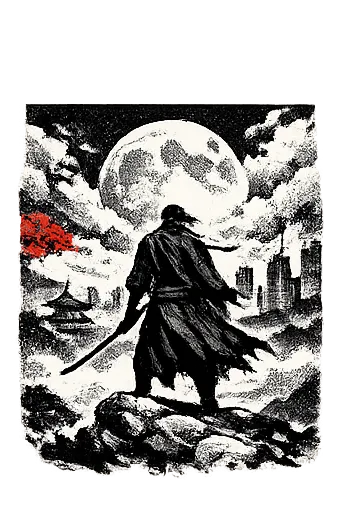 A lone samurai viewed from behind standing on a rugged rocky cliff, wearing a long tattered black cl
