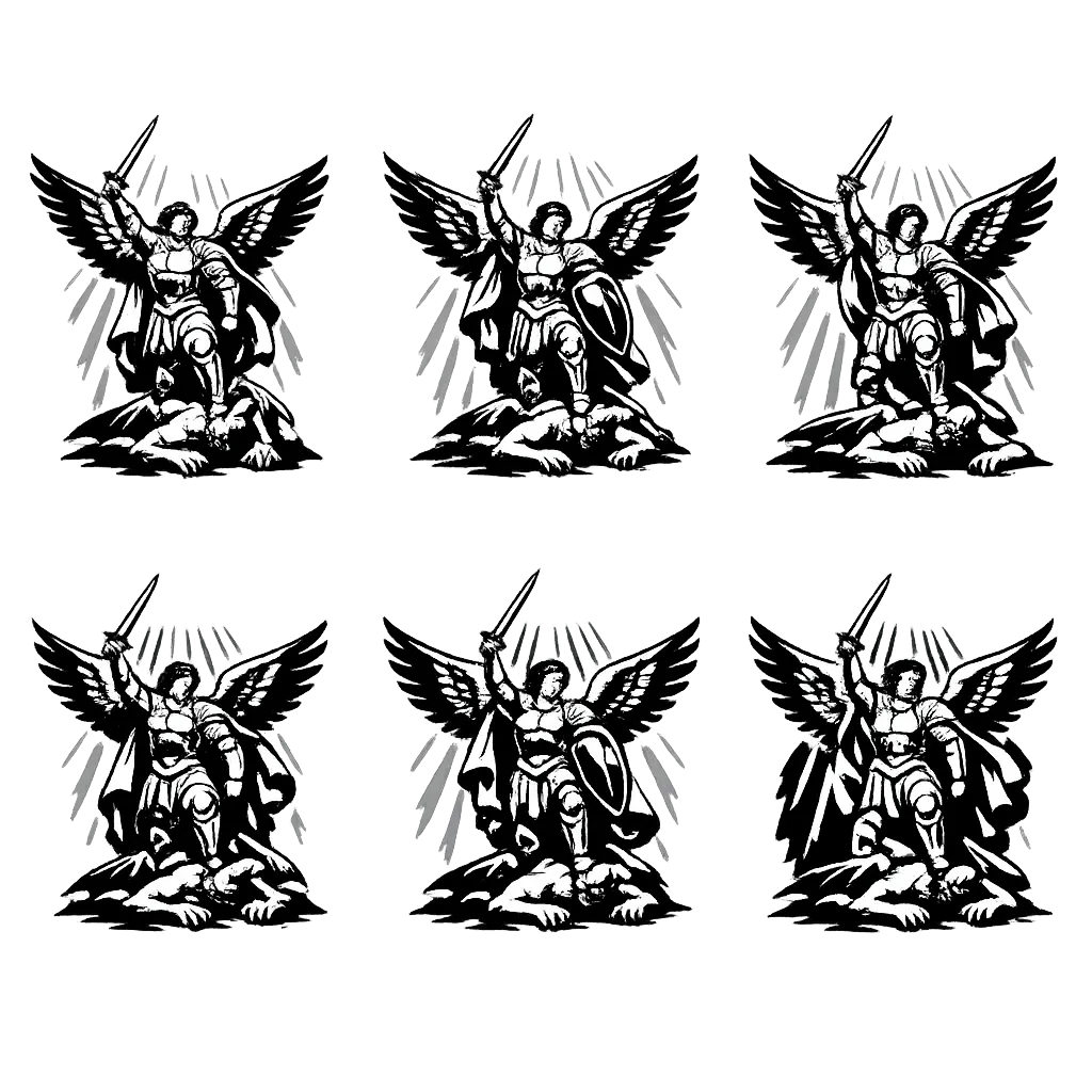 Saint Michael the Archangel defeating a demon, hyper realistic, powerful warrior angel with large ma