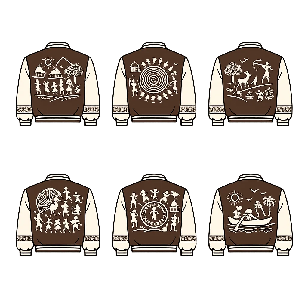 a vaesity jacket with brown body and beige coloured sleeves. with a back design of warli art and min