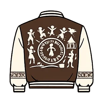 a vaesity jacket with brown body and beige coloured sleeves. with a back design of warli art and min