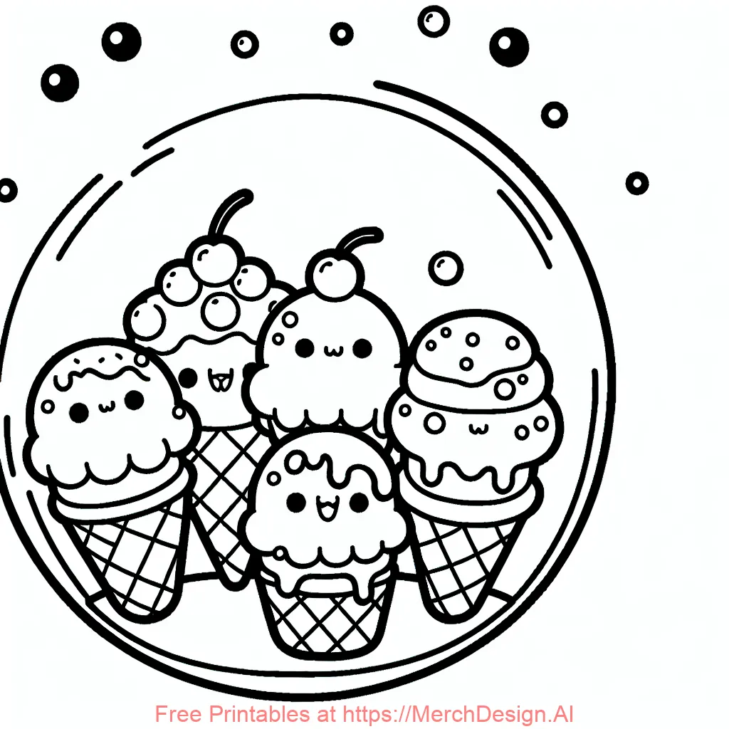 Five cute ice creams with bubble around