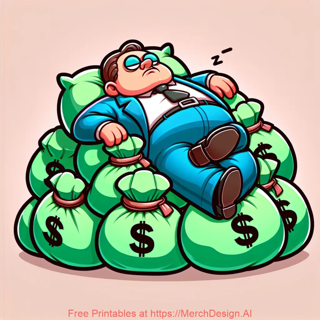 "Cartoon illustration of a lazy boss character napping on a giant pile of pillows shaped like money bags, bold black outlines, flat bright colors, funny parody style