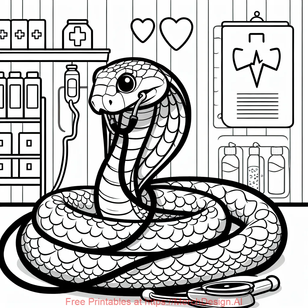 A snake with a stethoscope. A simple background in a hospital.. The snake has clear scales. Suitable for young teenagers. Make the snakes have realistic features. Clear black lines.
