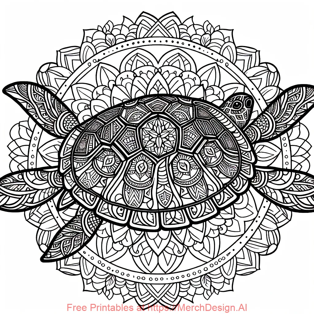 Design a detailed mandala coloring page with a graceful sea turtle at its core, its shell covered in geometric designs and patterns extending from the center. Ensure the image uses crisp black lines on a white background with no shading