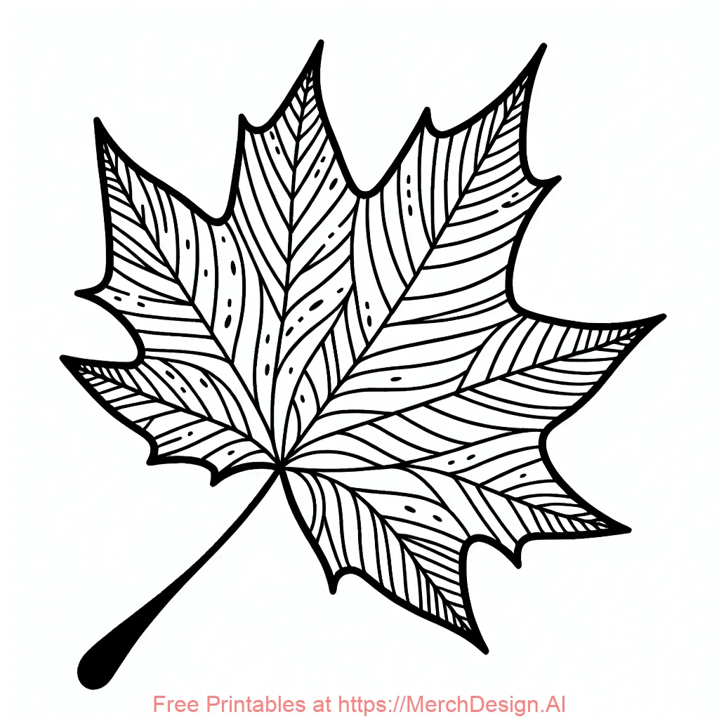 "A simple and charming black and white hand-drawn coloring page of a falling maple leaf. The leaf is drawn with smooth, flowing lines and minimal veins, outlined in bold black. The absence of a background keeps the focus on the leaf, allowing young artists to explore their creativity."