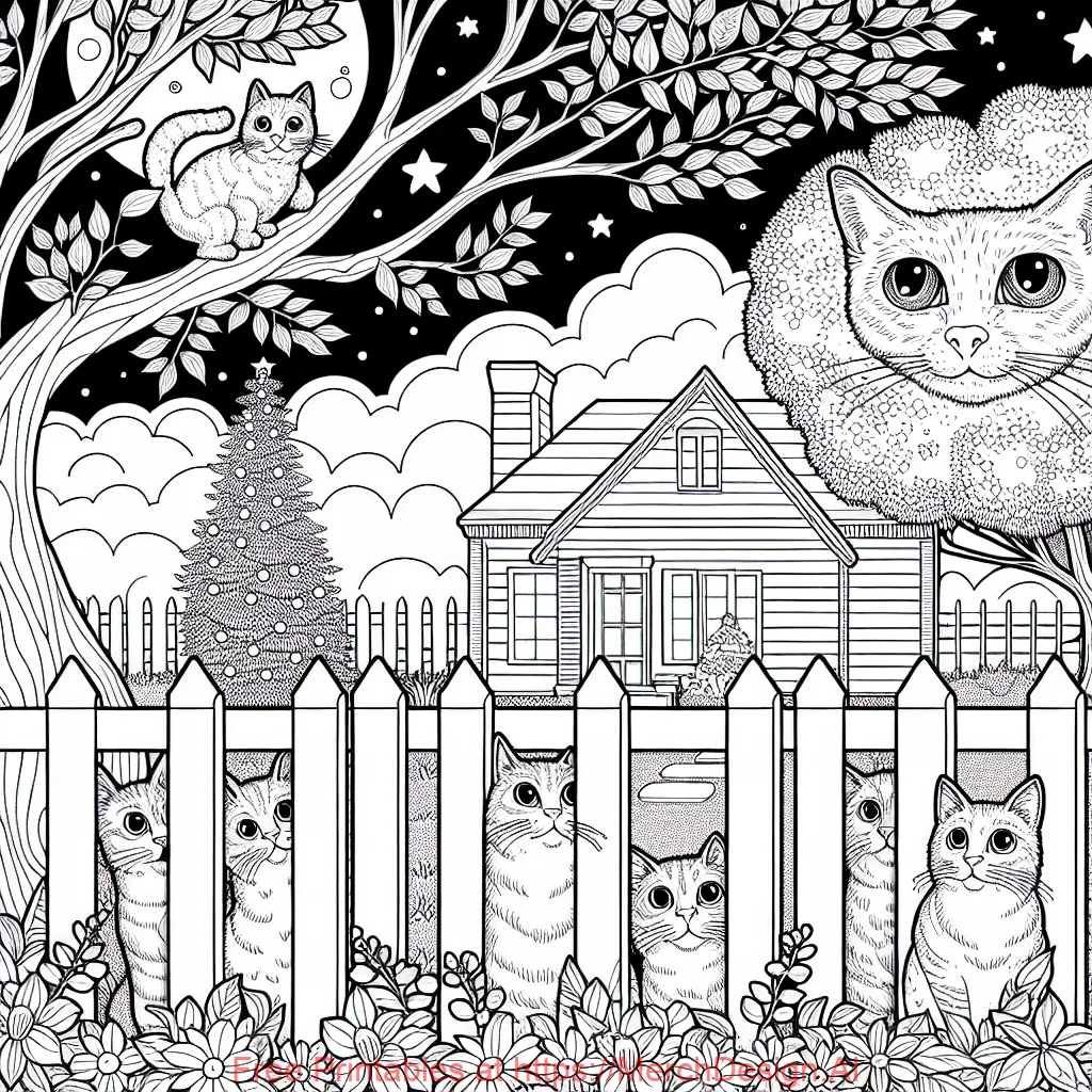adult coloring book page with board lines of a cat peeking over a fence with his friends under the moonlight. There are trees and a house in the background.