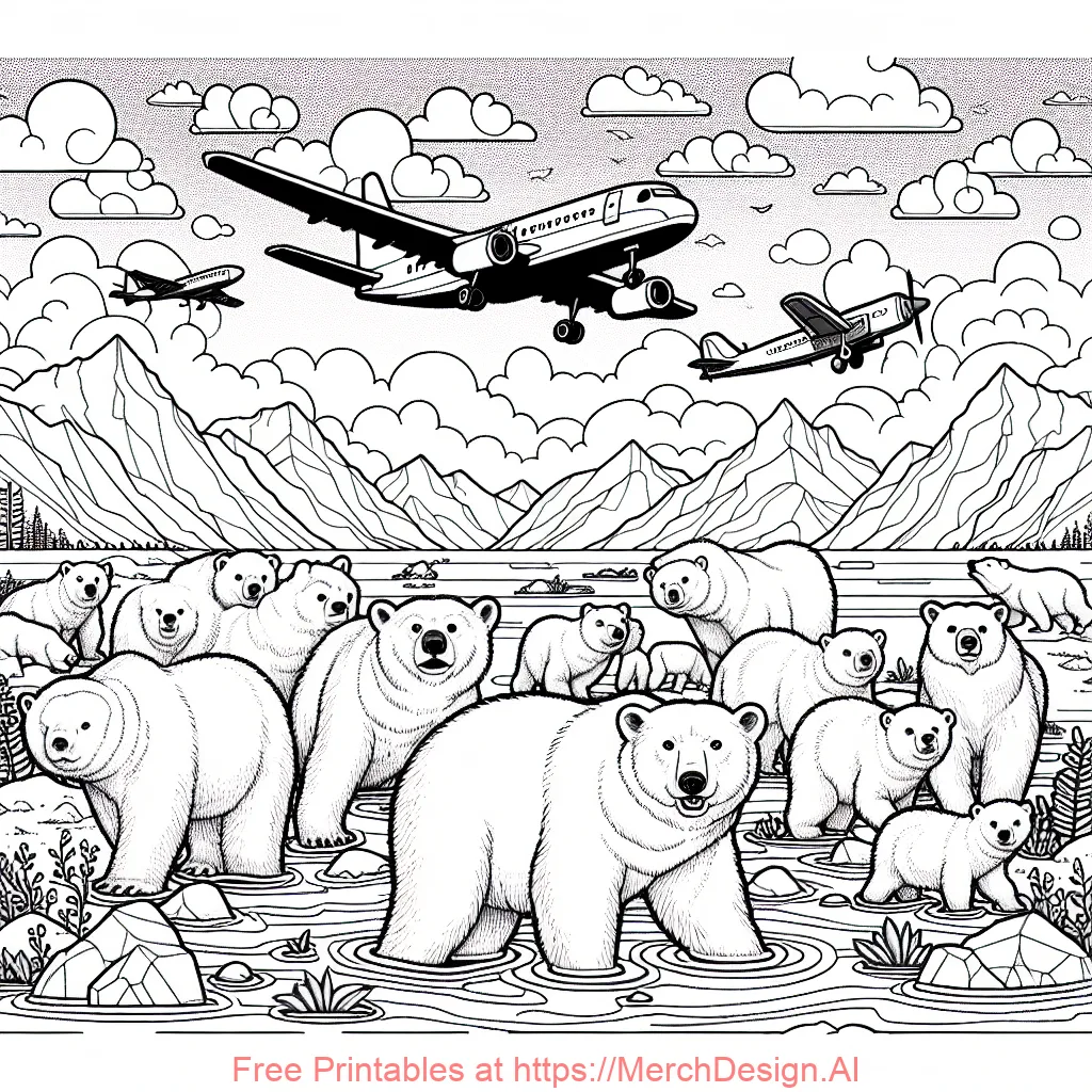 a herd of polar bears in the artic with a plane flying over head 