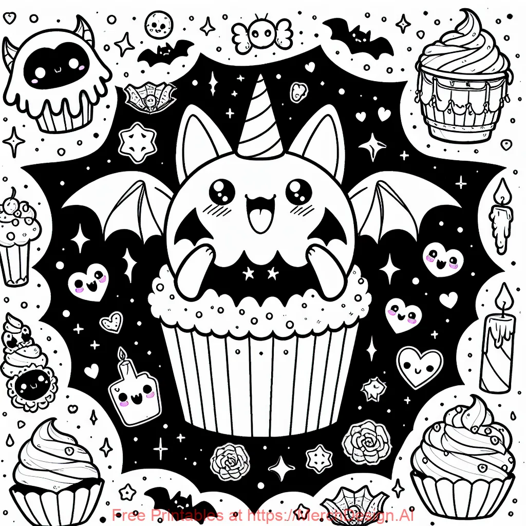 Create an uncolored, cute, and spooky scene featuring a bat winged cupcake. This cupcake has bat wings and a smiling face with tiny fangs. The cupcake liner has a gothic design. Draw a fun background with more spooky treats and cute decorations. Add kawaii elements like little stars and hearts to make the cupcake look even more adorable