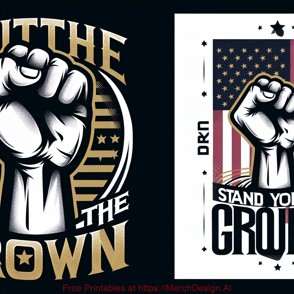 Create a downloadable print-ready png file to use for amazon merch on demand. The back has the slogan "DITCH THE CROWN" on top, an image of a pumping fist with the American flag on the background, and the slogan "STAND YOUR GROUND" at the bottom. Make the letter in gold. The image should look catchy on the black background