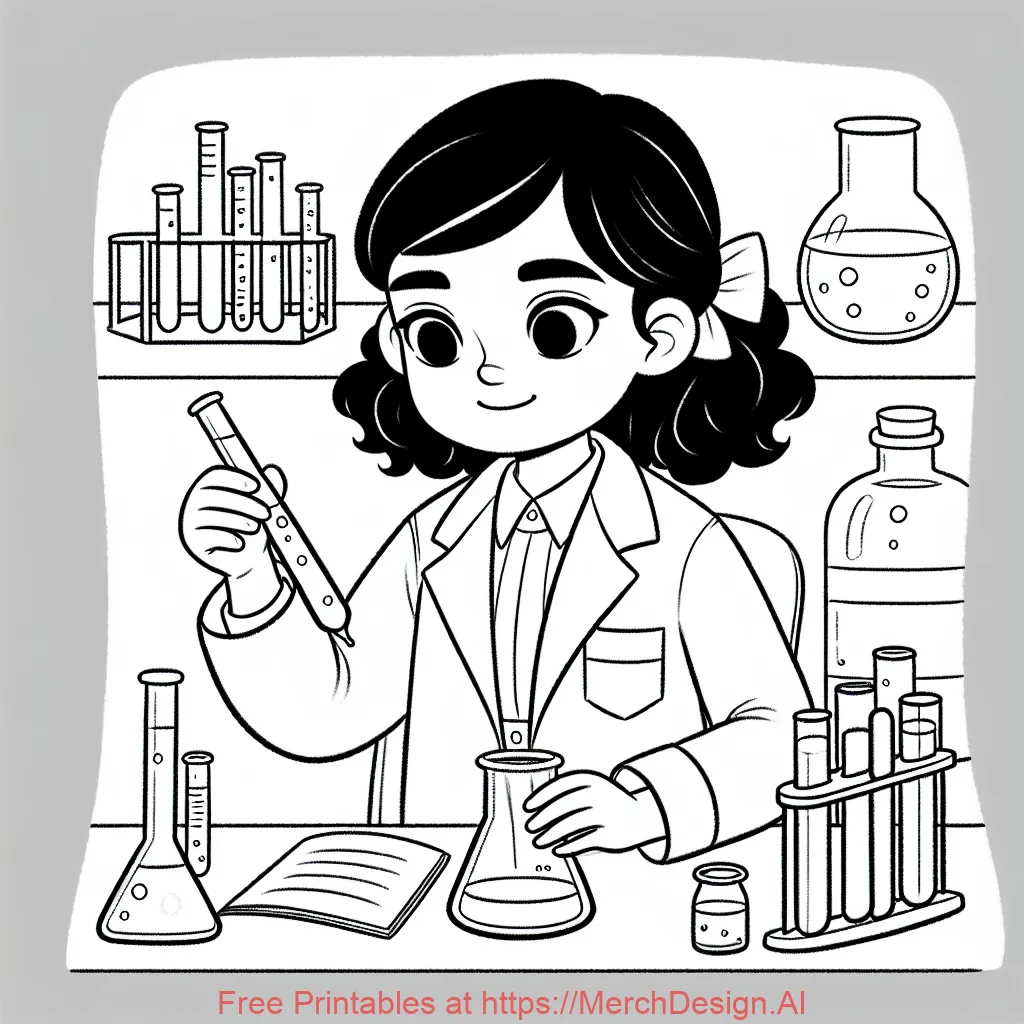  A young girl in a lab coat conducting a science experiment with test tubes and beakers.
