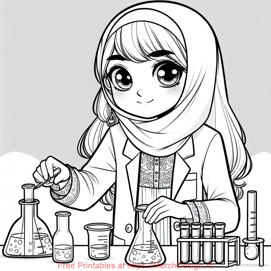  A young girl in a lab coat conducting a science experiment with test tubes and beakers.