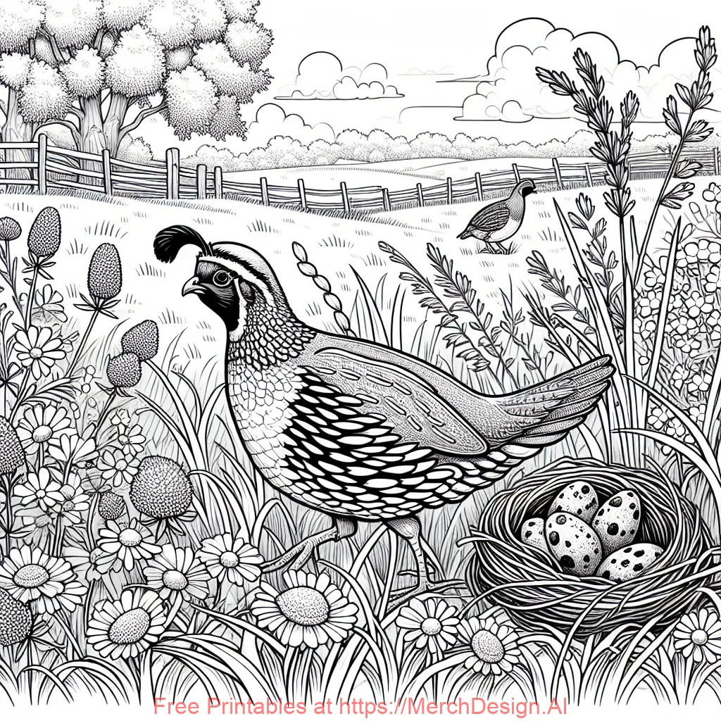 A cheerful, flat coloring page for a children's book, black and white only, the scene is a quail walking through tall grass with a nest of eggs hidden nearby. Add some wildflowers and a few more quails in the scene, with a fence and trees in the background. Include a close-up of the quail calling out its “bobwhite” sound.