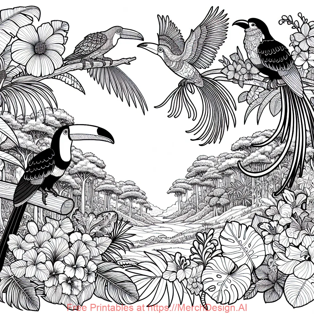 Tropical rain forest clearing with many beautiful tropical flowers and rare colorful birds with long flowing tail feathers 