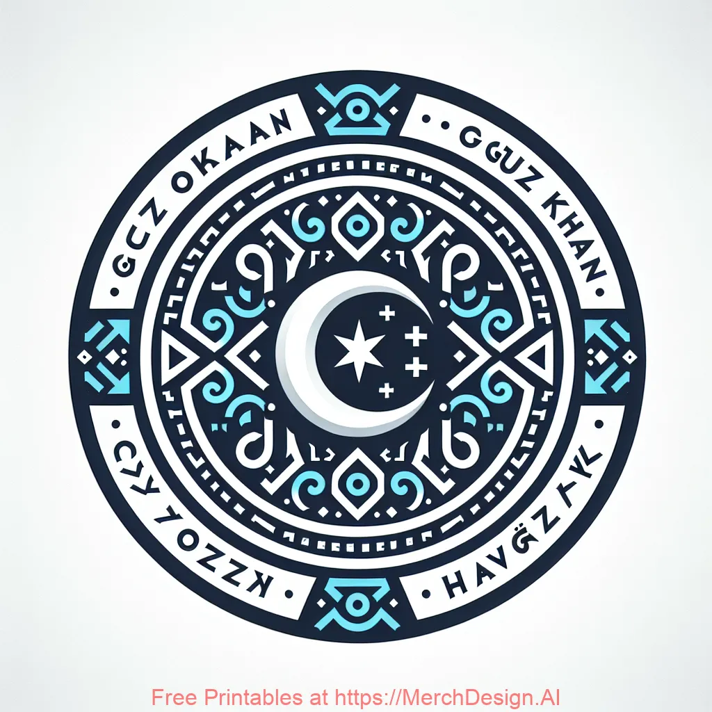 A circular emblem design inspired by ancient Turkic motifs, featuring a stylized crown, crescent moon, and Old Turkic runes around the edge. In the center, the name “OGUZ KHAN” is written in bold uppercase modern sans-serif font. The colors are sky blue, white, and black with geometric precision.