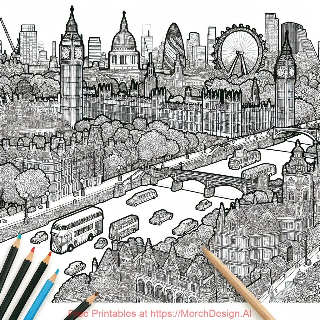 Create a line art illustration suitable for a coloring book page. The image should depict the detailed London scenery in a cartoonish style. Use a black outline with a white background, purposely excluding shading and color to promote creativity in the person coloring. The details should be intricate but not overpowering to ensure a fun and relaxing coloring experience. The composition should have enough whitespace to keep it balanced and easy on the eyes.