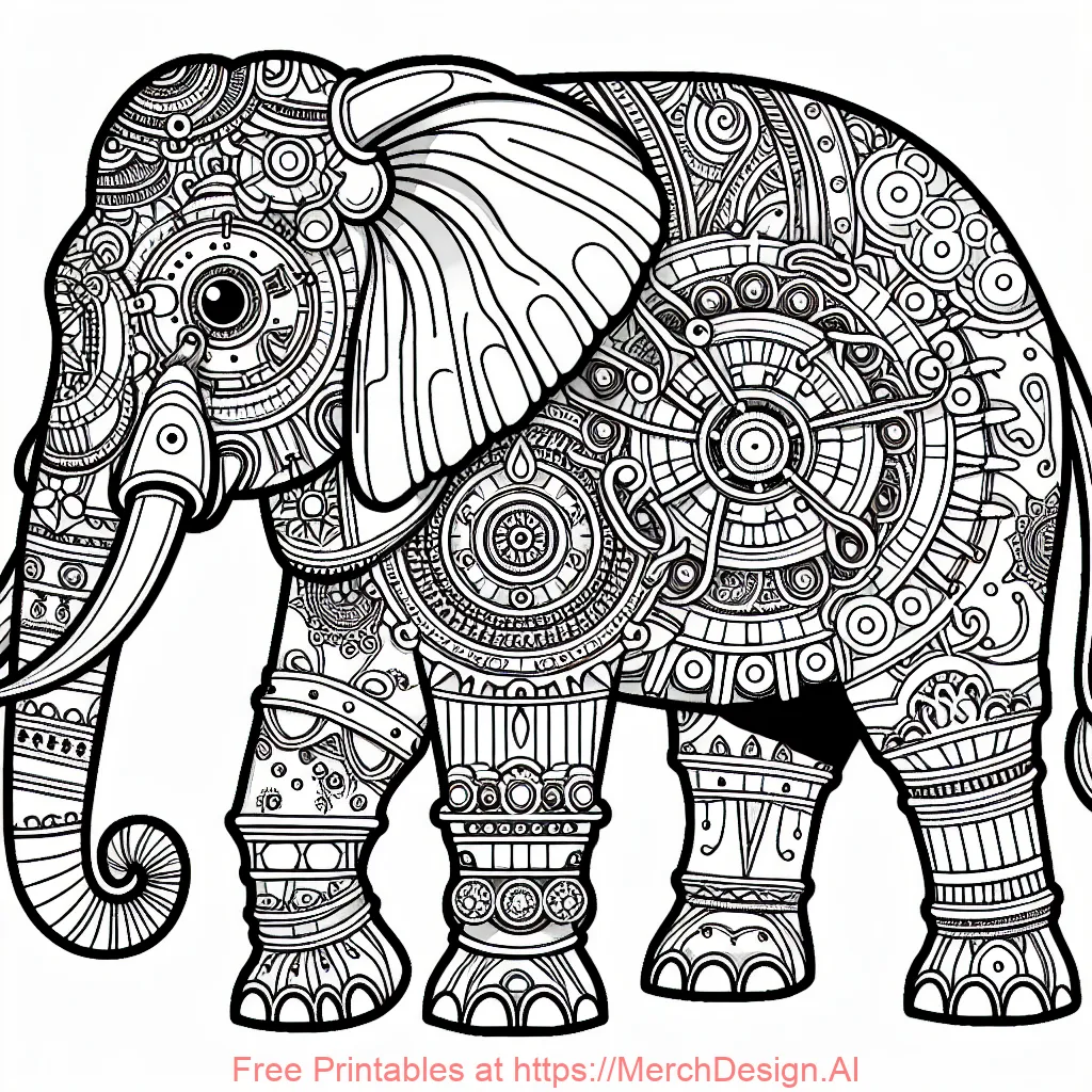 can you create an elephant with patterns and lots of white space for coloring with a steam punk vibe make the image line art only 