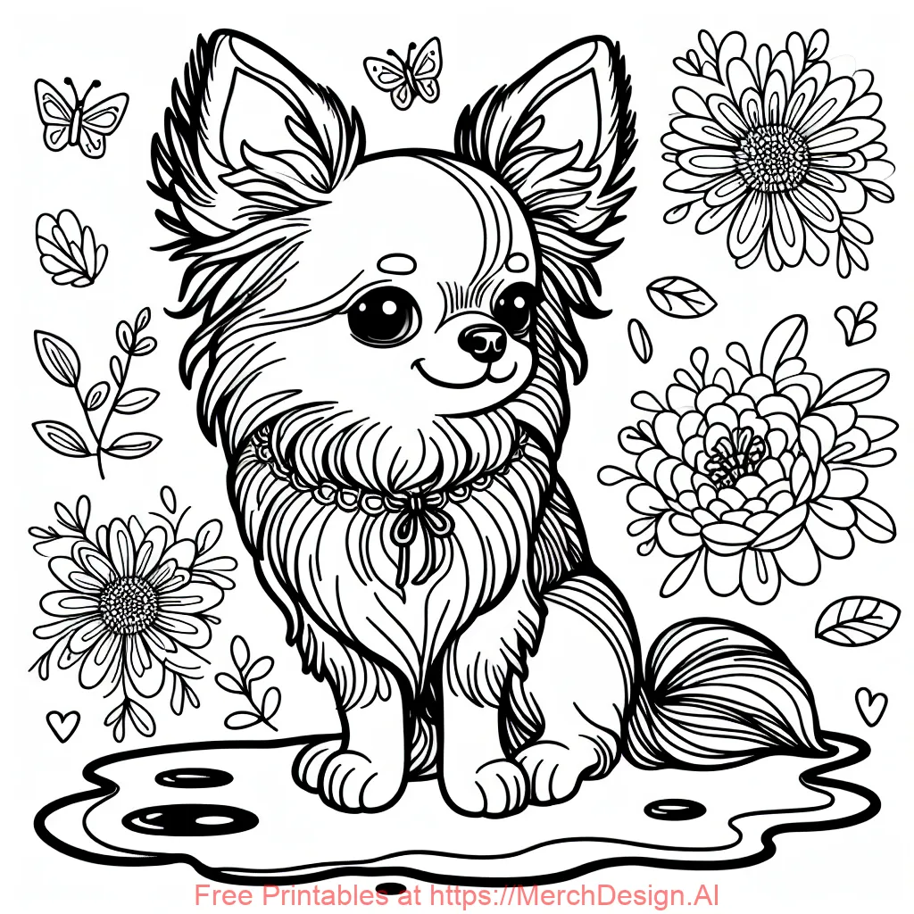 line art, white and black only, a chihuahua with a nice coat, sitting in a puddle