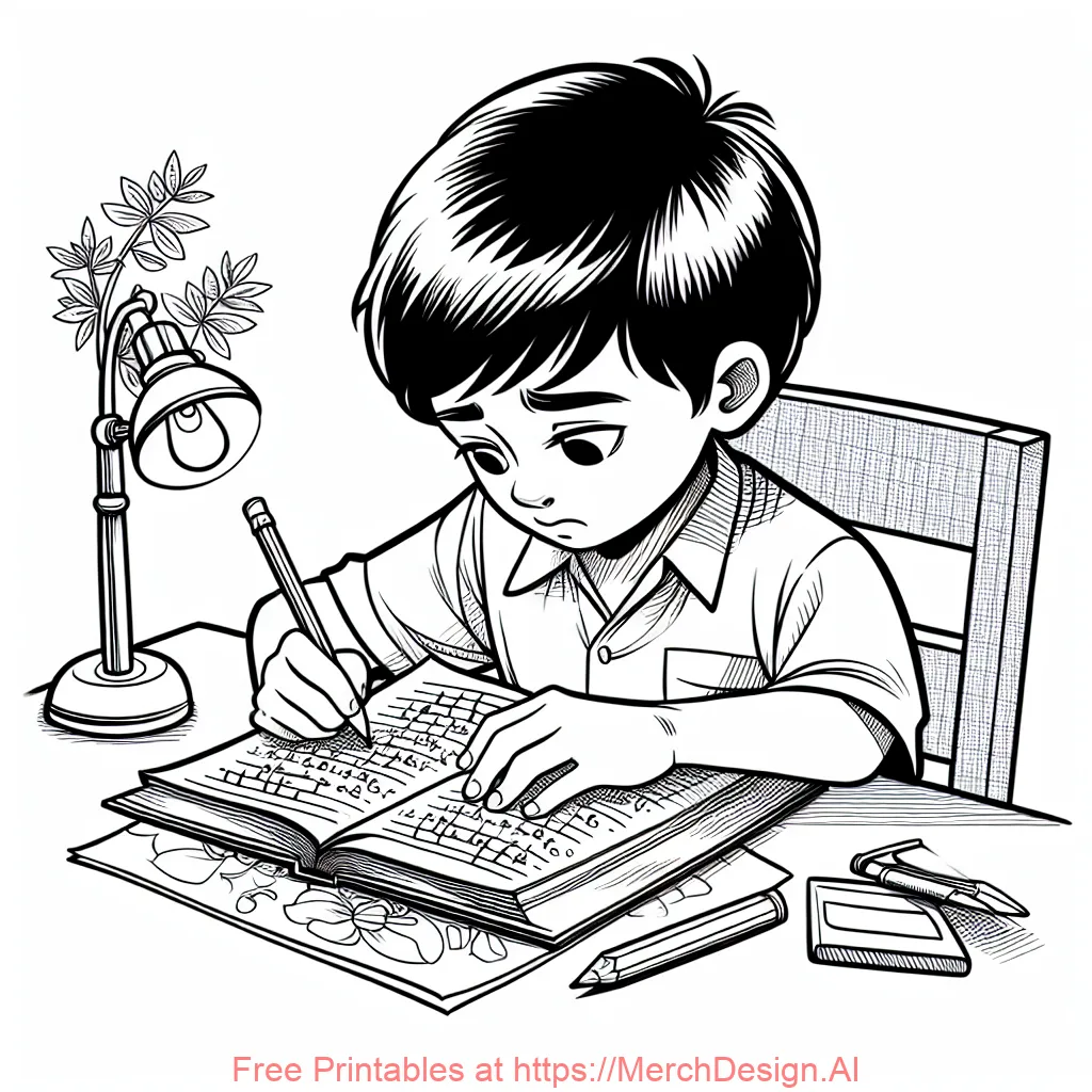 ילד עושה שיעורי בית דף צביעה לילדים