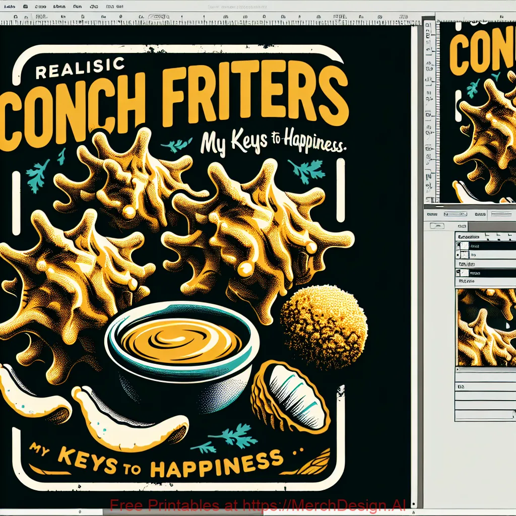 Bold vintage t-shirt design featuring realistic conch fritters, golden crispy balls with conch shell texture and green herb accents, paired with a small dipping sauce bowl, centered in a rectangular layout on a solid black background. Top text "CONCH FRITTERS" in large white bold sans-serif font, bottom text "MY KEYS TO HAPPINESS" in mustard yellow chunky font with white outline. Subtle shell accents, high-contrast vector art, 1:1 aspect ratio.