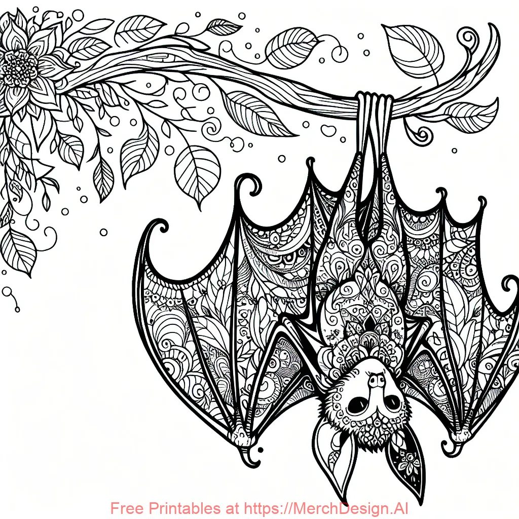 Mystical bat with folded wings hanging upside down